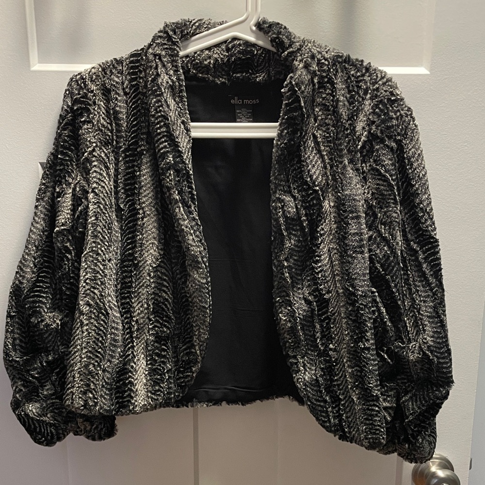 Ella Moss Black Gray Faux Fur Cropped Shrug Cozy Plush Bolero Jacket Soft Size L